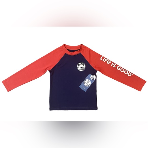 BOYS/GIRLS Life is Good Logo long sleeve rash/sun guard UPF50 RED/BLUE Sz: 6 NWT - Picture 2 of 12